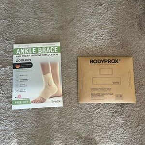 Beige ankle brace and a hot and cold therapy wrap!